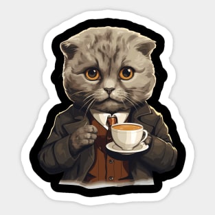 Scottish Fold Cat Drinking Coffee Sticker